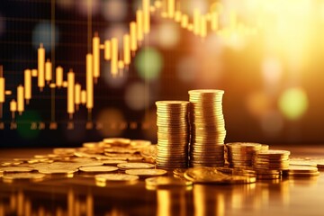 Aufkleber - An illustration of a gold bar and gold coin resting on a graph of stocks and shares representing investment, Generative AI.