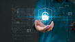 © U-STUDIOGRAPHY DD59  - Cybersecurity and network data protection, businessmen holding internet network security padlock, user personal data encryption security, and intelligent defense against cyberattacks.