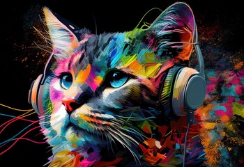 Wall Mural - The concept of abstract painting. Colorful art of a cat wearing headphones illustration. Ai generative.