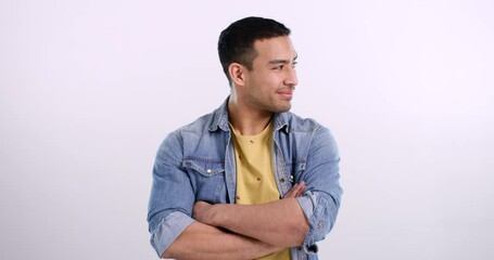 Poster - Face, smile and man with arms crossed, opportunity and promotion against a studio background. Portrait, male person and Asian model with casual outfit, looking and choice with mockup and decision
