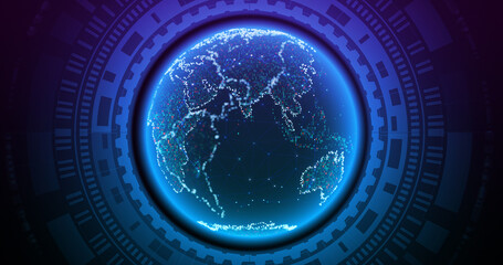 Poster - Abstract planet Earth with circuit lines diagram on blue background. Map of the earth from the square points. Abstract technology, Futuristic concept. 3D Rendering.