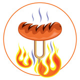 Fototapeta  - Gorąca kiełbaska z grilla - logo. Grillowana kiełbasa na widelcu. Pieczona w ogniu kiełbaska. Barbecue - kolorowa ilustracja, rysunek wektorowy, grill - symbol