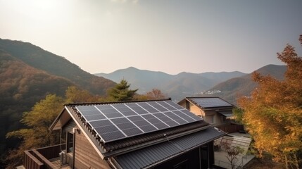 eco-friendly house with solar panels on the roof surrounded by green nature. Generative AI