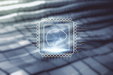 Poster - Virtual creative artificial Intelligence hologram with human brain sketch on blurry abstract metal background. Multiexposure