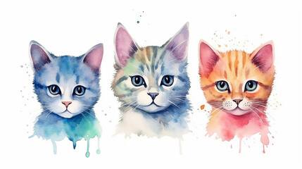 Wall Mural - multicolored watercolor cats on a white background isolated. generative AI