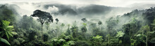 Panorama Of The Rainforest Tree Tops In The Fog. Generative AI