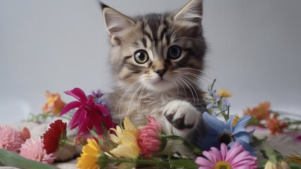  cute kitten with a bouquet of flowers on a white background. Generative AI