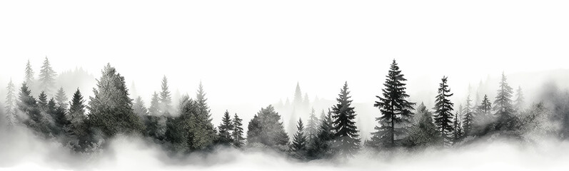 Wall Mural - coniferous forest isolated on a white background panorama, tops of fir trees. Generative AI