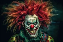 Evil Clown Face. Portrait Of Scary Spooky Clown Monster From Horror Movie With Vintage Circus On Background. Generative AI