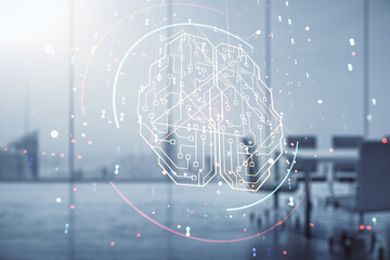 Aufkleber - Virtual creative artificial Intelligence hologram with human brain sketch on a modern conference room background. Multiexposure