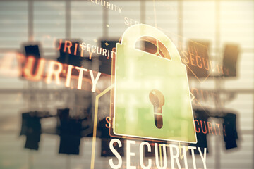 Poster - Virtual creative lock sketch with chip hologram on a modern boardroom background, protection of personal data concept. Multiexposure