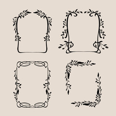 Art nouveau flower frame. Flower and leaf border, branch, wreath, garland decoration. Botanical vector illustration. Vintage antique classic floral graphic element. 