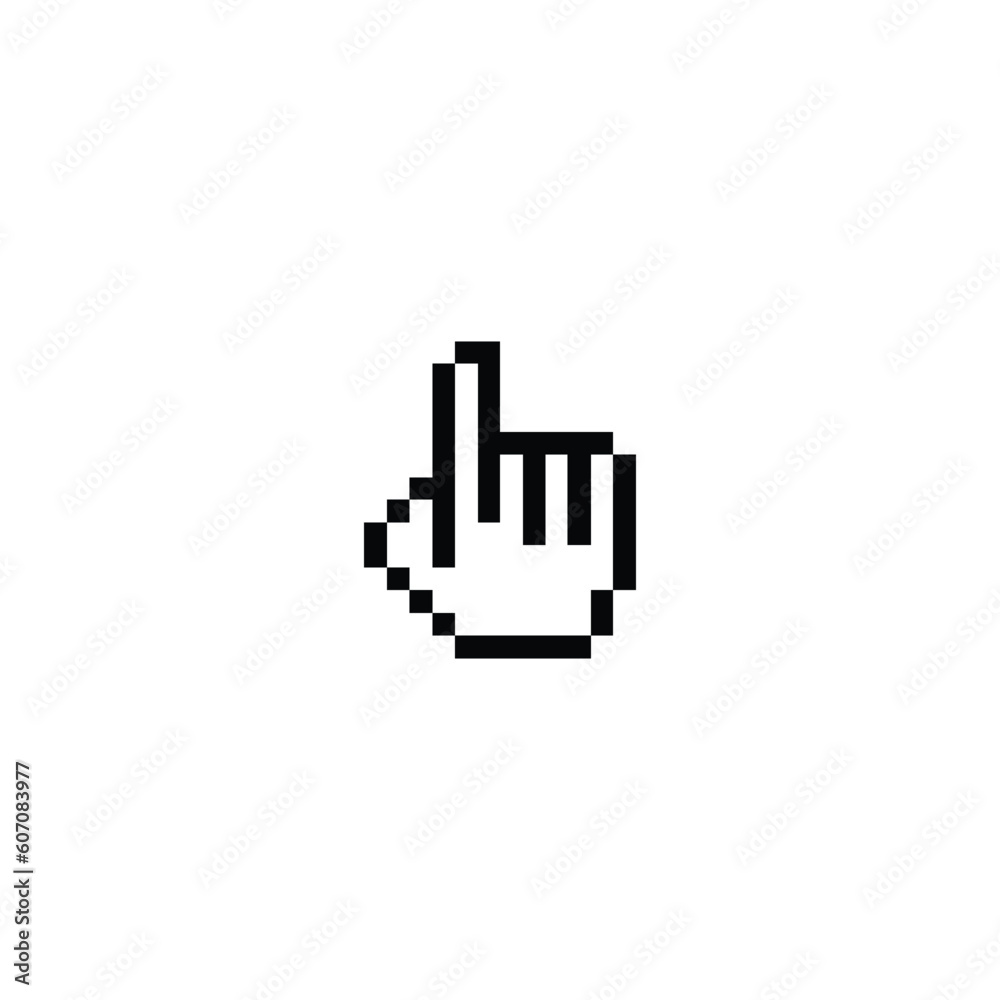 this is a hand icon in pixel art with black color and white background ...