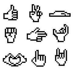 this is a hand icon in pixel art with black color and white background ,this item good for presentations,stickers, icons, t shirt design,game asset,logo and your project.