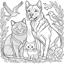 Imagem Para Colorir, Gatos E Vários Pássaros, Cachorro. Com Plantas E Folhas