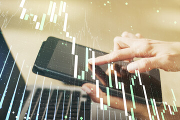 Poster - Multi exposure of abstract financial diagram and hand working with a digital tablet on background, banking and accounting concept