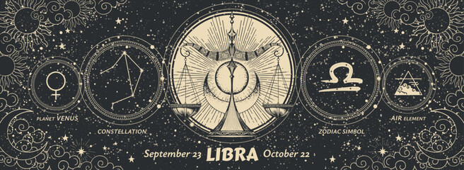 Wall Mural - Libra zodiac sign, modern astrology graphic banner on vintage black background with sun and moon. Realistic vintage vector hand drawing, horoscope card.