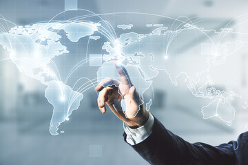 Poster - Man hand clicks on abstract graphic digital world map with connections on blurred office background, globalization concept. Multiexposure