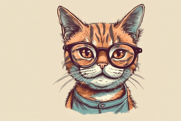  portrait of a cartoon cat with glasses close up. Education concept. Back to school. Learning, study. Place for text, copy space. Smart kitty. scientist cat. September