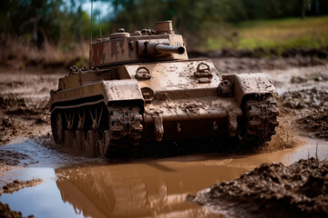 Battle tank covered by mud, forest on background. military conflict, war. Russian aggression on the territory of Ukraine. Mudslides. artillery, military offensive