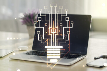 Poster - Creative light bulb illustration with microcircuit on modern computer background, future technology concept. Multiexposure
