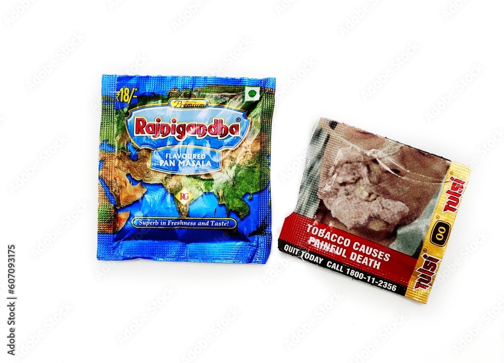 Guwahati, Assam, India - March 22, 2023 : Flavored Pan Masala brand  Rajnigandha and chewing tobacco brand Tulsi. Stock Photo