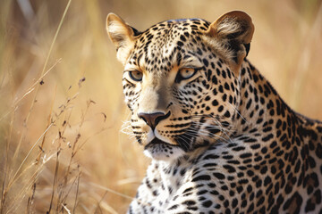 Wall Mural - a close up of a leopard face in a field of grass generative ai