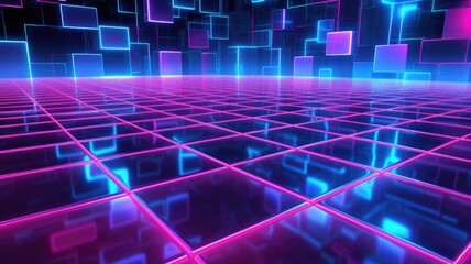 Cyberpunk neon light in retrowave geometric shape design, glowing light grid background for desktop wallpaper. Picturesque generative AI