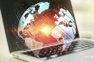 Aufkleber - Double exposure of abstract digital world map on laptop background, research and strategy concept