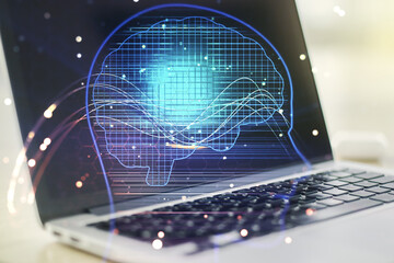 Poster - Double exposure of creative human head microcircuit with computer on background. Future technology and AI concept
