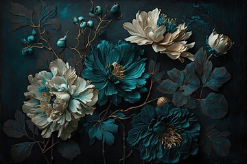Wall Mural - Subtly textured teal painted flowers dark moody background. Generative AI AIG15.