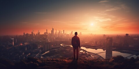 Rear view of a person admiring the breathtaking skyline of a global city, illuminated by the warm glow of a summer sunset, concept of Urban Exploration, created with Generative AI technology