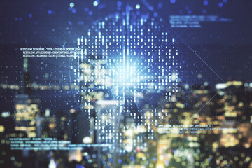 Poster - Double exposure of abstract virtual creative code skull hologram on blurry cityscape background. Malware and cyber crime concept