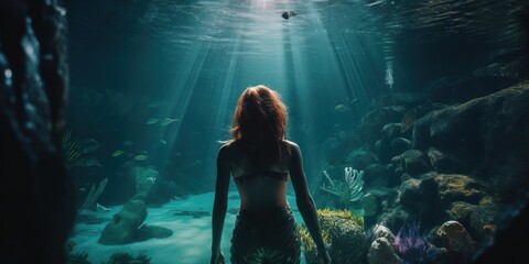 Person entering a fantastical underwater summer world, where mermaids and aquatic creatures celebrate the season beneath the waves, concept of Fantasy Adventure, created with Generative AI technology