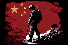Silhouette Of A China Army With China Flag Background