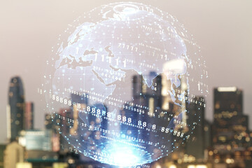 Poster - Abstract virtual coding concept and world map hologram on blurry skyline background. Multiexposure