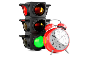 Poster - traffic light with green color with alarm clock, 3d rendering