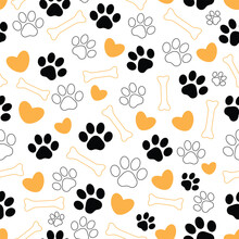 Seamless Pattern With Dogs Paws, Pet Steps, Bone And Heart, Footprint