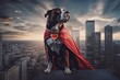 Super hero dog in a superhero outfit on roof top over city. Generative AI. Digital Art Illustration