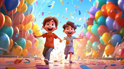 In a festive atmosphere, a joyful scene unfolds as a young boy and his elder sister or friend running with joy with flying colorful balloons and ribbons in a festive environment. Generative AI