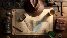 Pirate Treasure Map And Compass, Old Captain Hat On Aged Wooden Table Background. Concept Sea Travel, Top View
