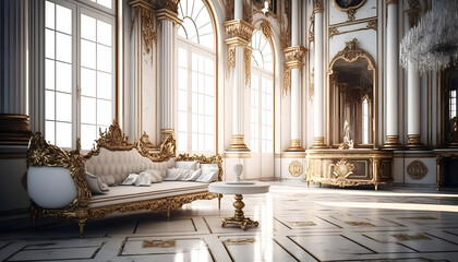 light luxury royal posh interior in baroque style. white hall with expensive oldstyle furniture. gen