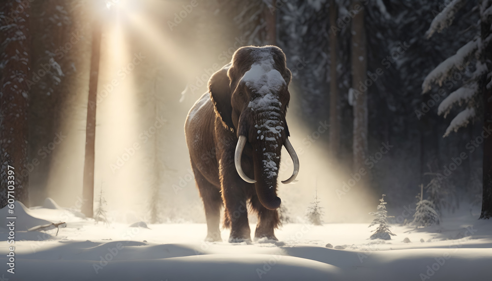 Woolly mammoth with sunlight, prehistoric animal in landscape frozen ...