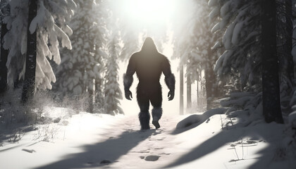 Wall Mural - Mysterious creature bigfoot in middle of winter forest with sun light. Generation AI