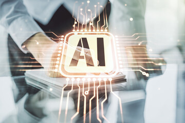 Poster - Creative artificial Intelligence symbol concept with man hand writing in notebook on background. Multiexposure