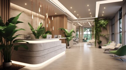 Reception desk in the hall of the office. Generative AI