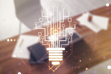 Aufkleber - Creative light bulb with chip hologram and modern desk with computer on background, artificial Intelligence and neural networks concept. Multiexposure