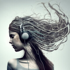 Ravishing digital abstract art of girl wearing headphone with curly hair swaying to the rhythmic waves of sound in double exposure. Serene and tranquil essence of music by Generative AI.