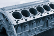 cylinder block of diesel engine repair.  Close-up of the cylinder block in blue tone.  Car engine cylinder heads. Industry car service concept background