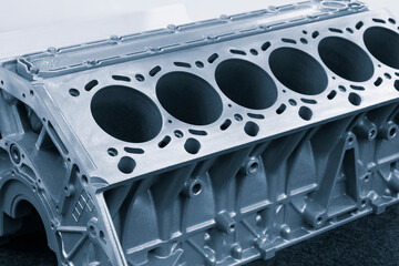 Aufkleber - cylinder block of diesel engine repair.  Close-up of the cylinder block in blue tone.  Car engine cylinder heads. Industry car service concept background